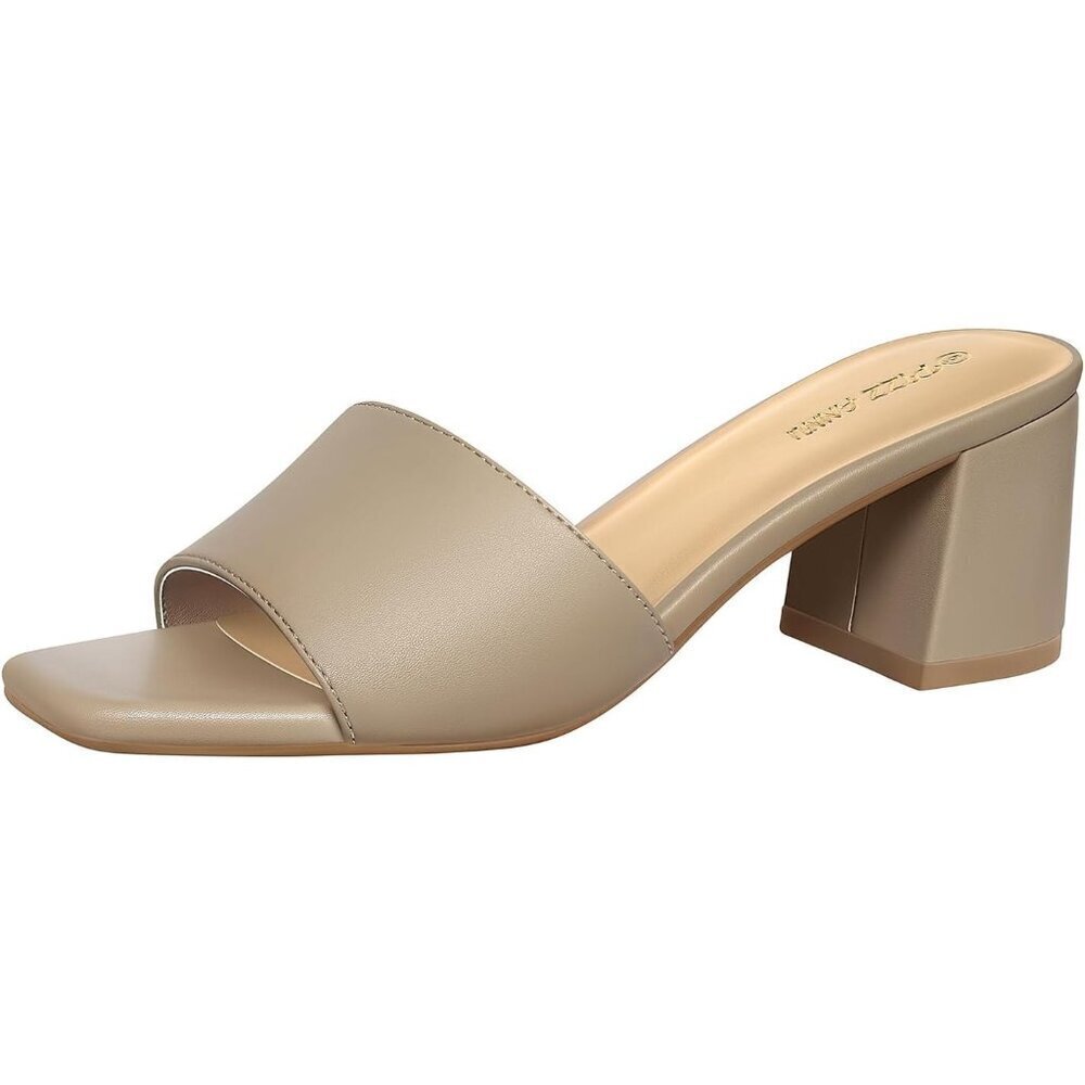 Women's Low Chunky Block Square Open Toe Tan Heeled Sandal Slip on Mules Shoes